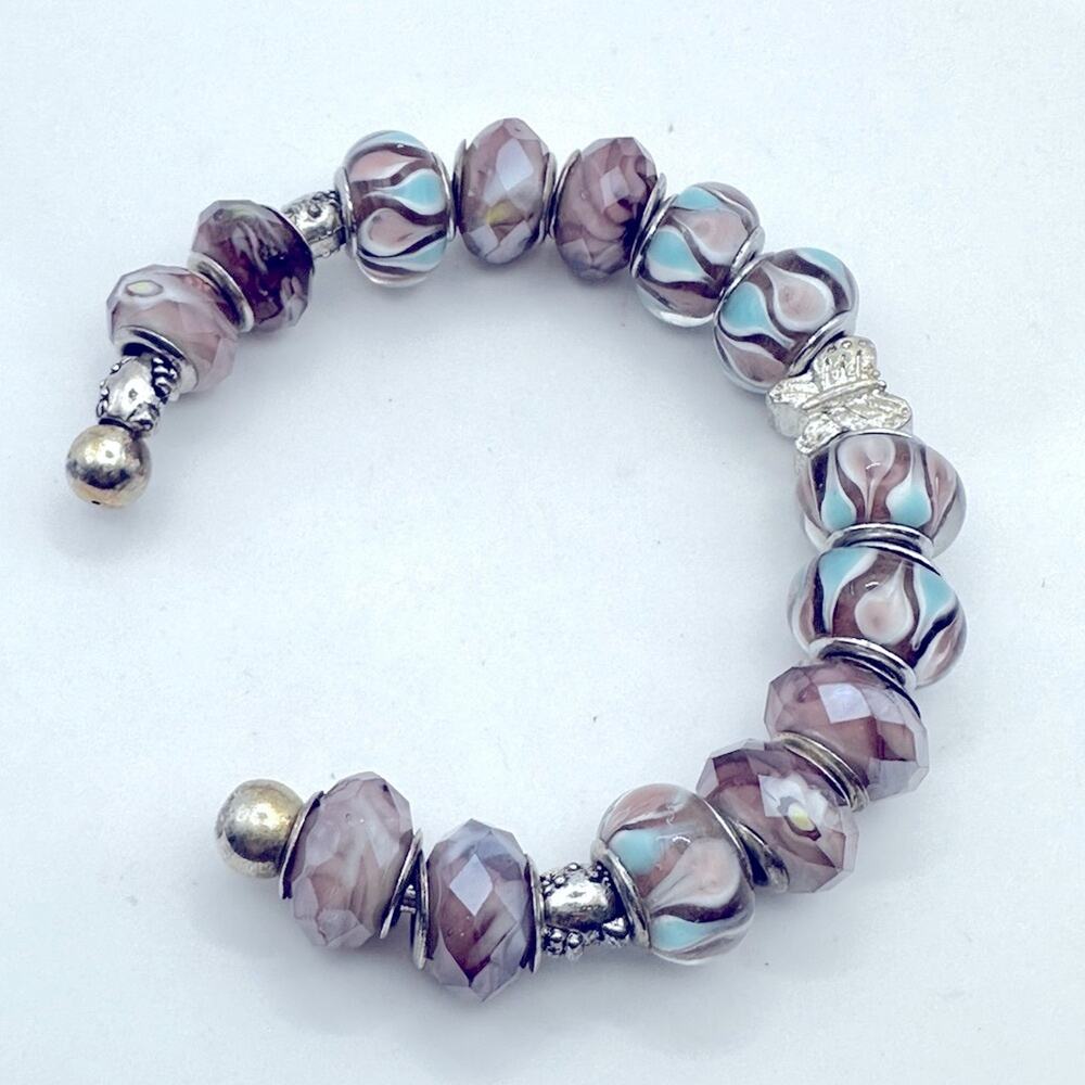European Lamp Glass Bead Beaded Bracelet Cuff Purple Blue Silver tone Butterfly